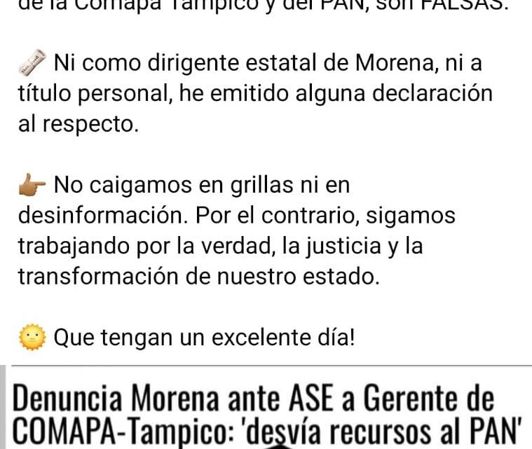 Dirigente de Morena en Tamaulipas Desmiente Acusaciones Contra Comapa y el PAN