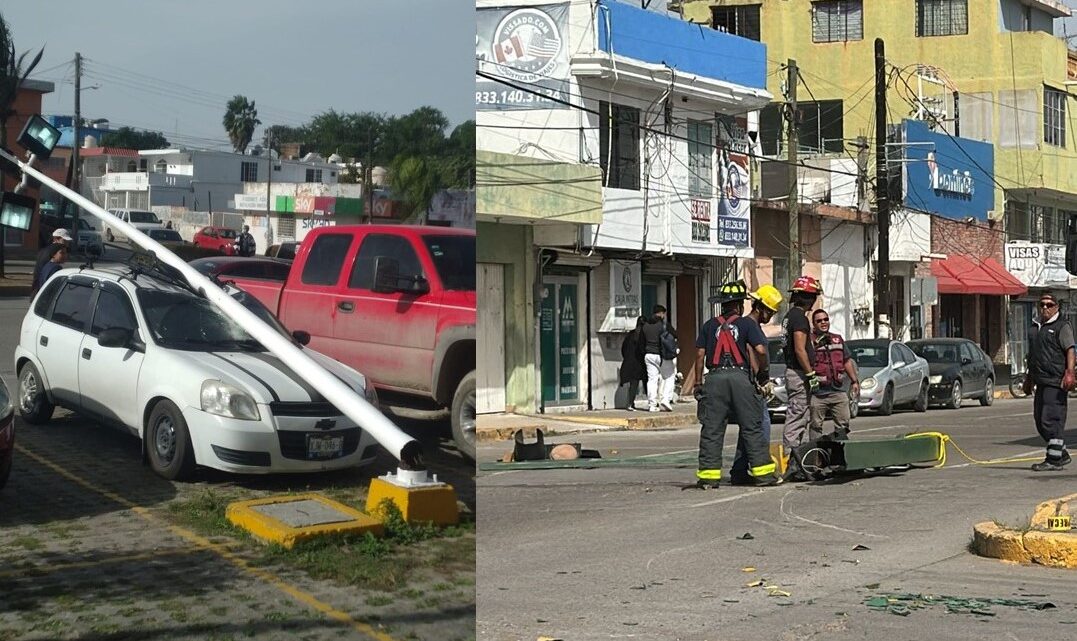 UN SEMÁFORO Y UNA LUMINARIA CAÍDA POR EL NORTE EN MADERO; AUTO SUFRE DAÑO.